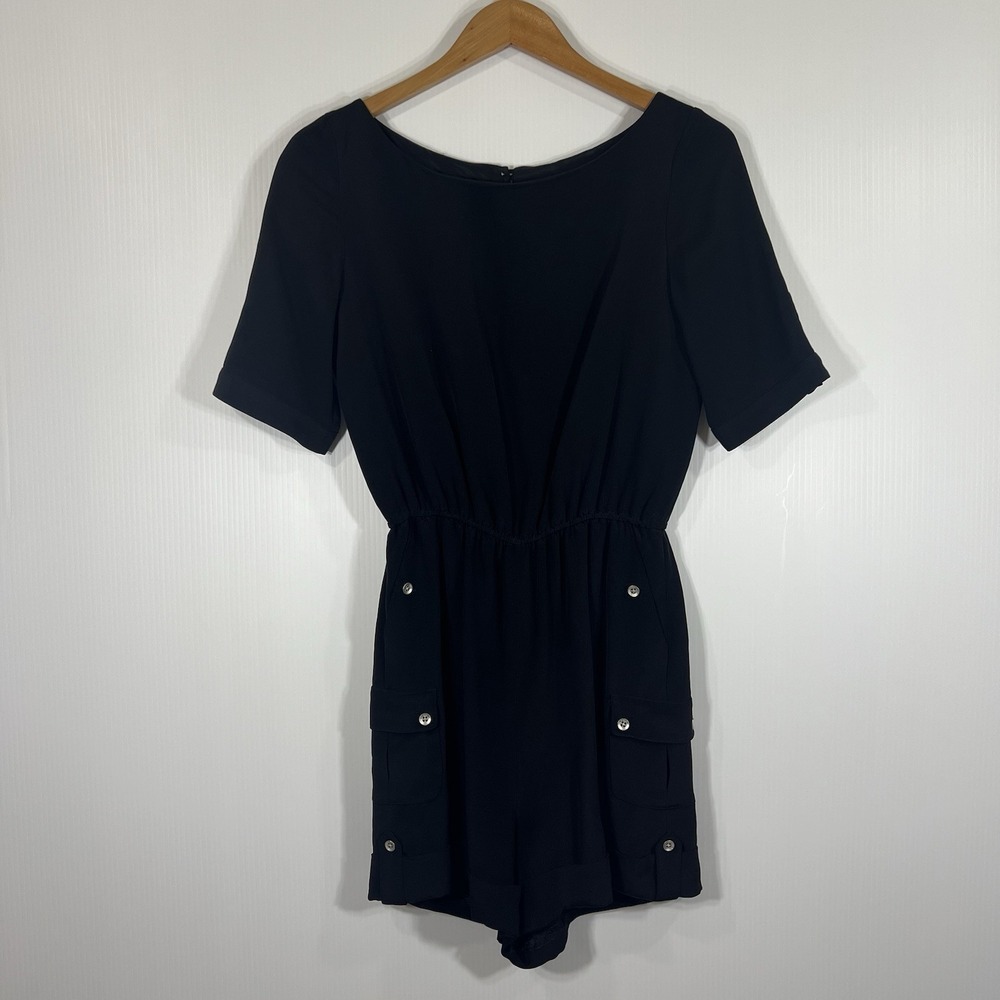 RAG & BONE 100% Silk Romper Size 4 Black Cuffed Capsule Minimalist Short Sleeve - Picture 2 of 12